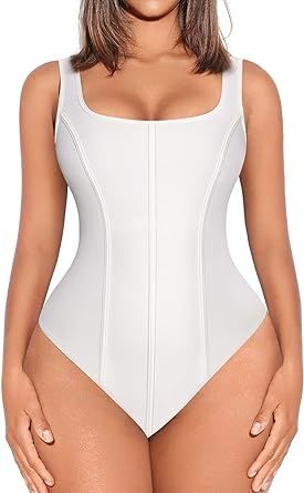 FeelinGirl Bodysuit for Women Tummy Control Long/Short Sleeve Thong Tops Square Neck Body Suit Going Out Bodysuits