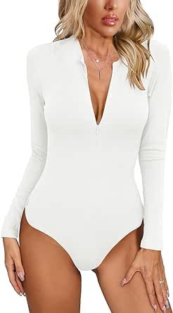 MISSJOY Women's Zipper Sexy V Neck Long Sleeve Ribbed Slimming Basic Bodysuit Tops T Shirts