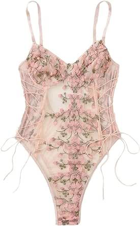 Lilosy Women Sexy Lace Up Floral Embroidered Teddy Lingerie Bodysuit Top Mesh Sheer One Piece