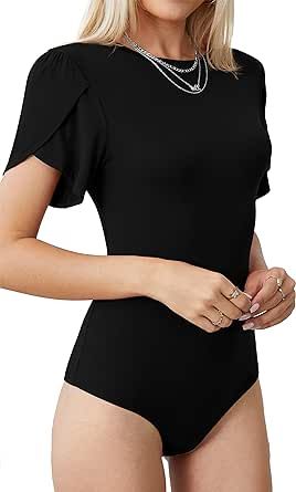 LAOLASI Women's Petal Short Sleeve Bodysuit Crew Neck Slim Fit Casual Stretchy Body suit T Shirts