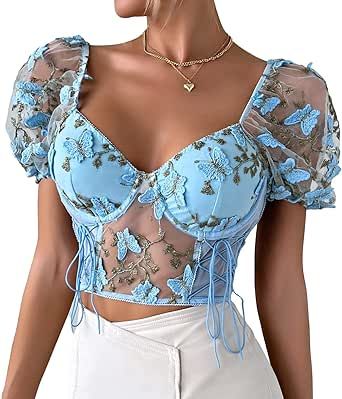 Women's Floral Embroidered Puff Sleeve Tops Slim Fit Corset Crop Top Sexy Bustier Tank Top T-Shirts