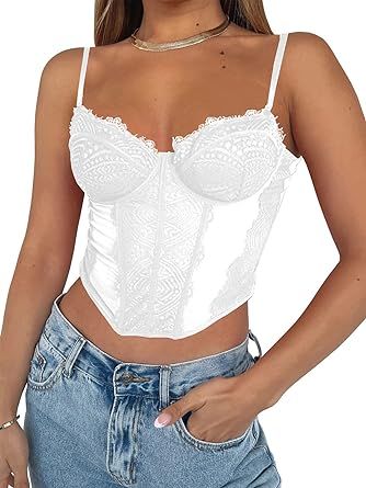 Dassdill Corset Bustier Tops Women Summer Lace Going Out Mesh Vintage Spaghetti Strap Open Back Boned Sexy Party Crop Top