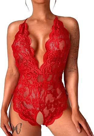 UPAAN Sexy Lingerie for Women, Hollow Out Backless Floral Lace Bodysuit, One Piece Lingerie Deep V Teddy Babydoll