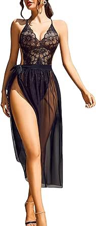 Avidlove Women One Piece Lingerie Deep V Lace Bodysuit Mosaic Lace Teddy Mesh Skirt