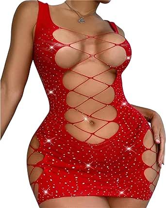 SEXYTINE Sexy Fishnet Lingerie Set for Women Sparkle Rhinestone Halter Neck Deep V Mini Dress Mesh Bodysuit