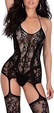 RSLOVE Women Fishnet Bodystocking Attached Stockings Sexy Lingerie Crotchless Bodysuit One Piece Babydoll One Size