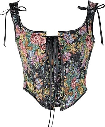 Bowanadacles Women Vintage Floral Camisole Flower Embroidery Pattern Tight Vest Drawstring Tie-up Tank Top Suspender Corset