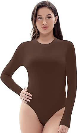UEU Women’s Crew Neck Long Sleeve Bodysuit Stretchy Slim Fit T Shirt Double Layer Sexy Thong Body Suit Tops