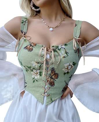 Dreay Womens Vintage Floral Print Grommet Lace Up Tie Front Corset Bustier Shapewear Top