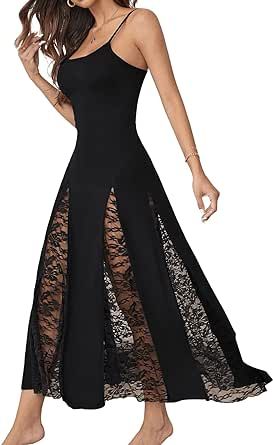 SweatyRocks Women's Contrast Lace Nightgown Spaghetti Strap Lace Insert Cami Sleepdress Nightwear