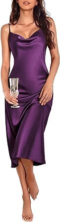 Ekouaer Womens Satin Nightgown Sexy Lingerie Sleepwear Spaghetti Strap Cowl Neck Elegant Long Slip Satin Silk Midi Dress
