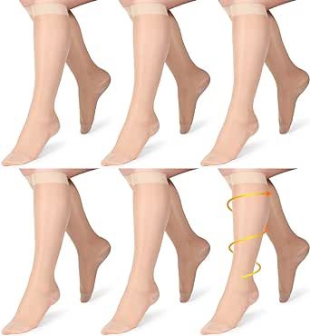 Estune 6 Pairs Sheer Compression Socks 15-20mmhg Knee High Lightweight Sheer Compression Stockings Graduated Sheer Compression Socks for Women Ladies Swelling Varicose Veins Edema