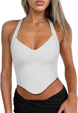 REORIA Women's Summer Sexy Halter V Neck Sleeveless Backless Y2K Going Out Crop Tank Tops