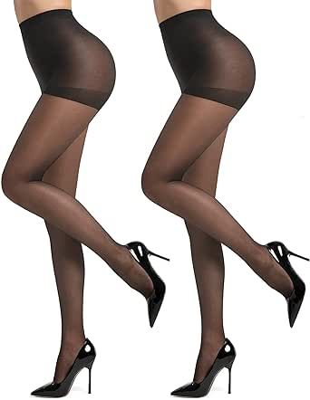 Weziarer 2 Pairs Women's Control Top Pantyhose - 20D Sheer Tights with Reinforced Toes