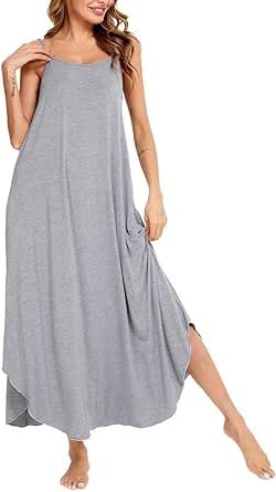 SWOMOG Women Long Nightgown Pajama Dress Soft Strap Nightdress Summer Sleeveless Nightshirt Lounge Dress with Pockets