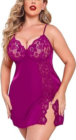 Avidlove Plus Size Lingerie For Women Sexy Satin Nightgown Lace Babydoll Side Slit Strappy Chemise Floral