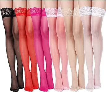 6 Pairs Thigh High Stockings Lace Tights Silky Semi Sheer Stocking for Women Girls