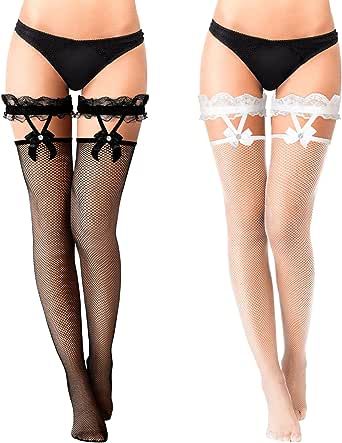 SATINIOR 2 Pairs Lace Top Fishnet Stockings Bow Suspenders Thigh High Stockings Mesh Hold up Stockings for Women