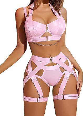 Avidlove Lingerie Set for Women Sexy Strappy Lingerie Underwire Push Up Bra Garter Set Lingerie with Chain