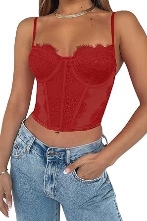 Dealmore Womens Sexy Lace Spaghetti Strap Corset Crop Top Y2K Summer Mesh Vintage Boned Corset Party Bustier Cami Tops
