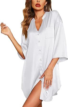 Ekouaer Satin Nightgowns for Women Silk Sleepwear Button Down Sleepshirt 3/4 Sleeve V-Neck Nightshirts with Pockets