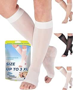 ABSOLUTE SUPPORT Made in USA - Size Small - Sheer Compression Socks for Women Circulation 15-20 mmHg with Open Toe - Lightweight Long Compression Knee Hi Support Stockings for Ladies White