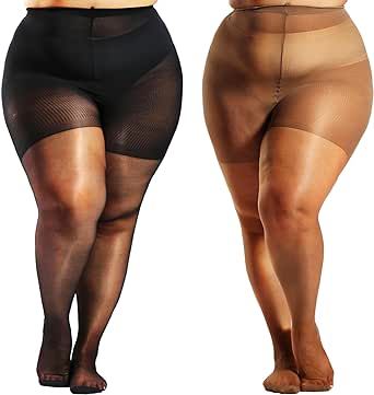HONENNA 2 Pairs Plus Size Sheer Tights for Women, 17 Colors Ultra Thin Pantyhose Reinforced Toes High Waist Stockings 1XL-6XL