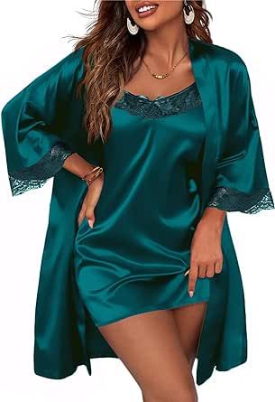Ekouaer Sleepwear Women's Satin Nightgown with Robes Set 2 Piece Sexy Lace Cami Nightwear