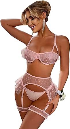 SOLY HUX Women's Valentines Sexy Mesh Lingerie Set Lace Teddy Strap Babydoll Bodysuit with Garter Belts