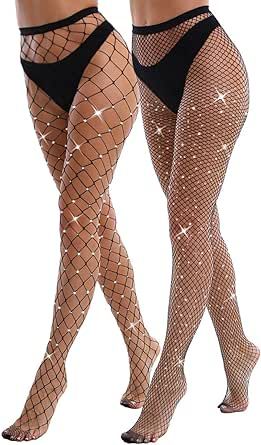 VEBZIN 2 Pack Sparkly Large And Medium Mesh Fishnet Tights For Women Sexy Glitter Rhinestone Fishnets Stockings
