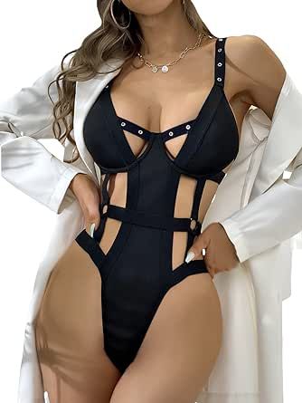 OYOANGLE Women's Cut Out Teddy Lingerie Underwire Strappy One Piece V Neck Bodysuit