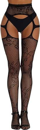 Verdusa Women's Fishnet Stockings Tights High Waist Lace Suspender Pantyhose