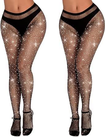 Buauty 2PCS High Waist Sparkle Rhinestone Fishnet Stockings for women,fish nets Tights Shine Concert Outfits for Women
