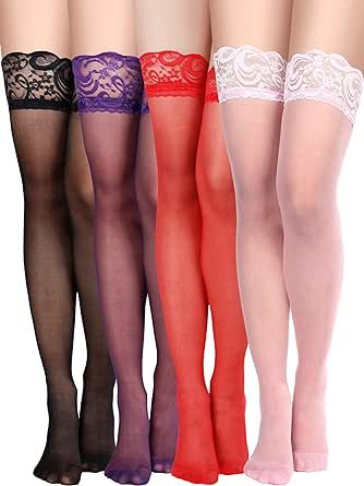 Geyoga 4 Pairs Women Thigh High Stockings Anti-skid Lace Sheer Tights Silky Stockings for Women and Girls Supplies