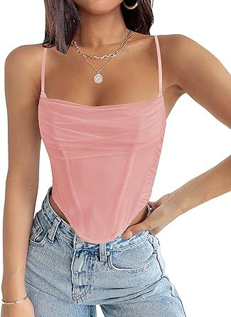 ZESICA Women's Sexy Bustier Crop Top Spaghetti Straps Backless Y2k Club Party Cami Corset Tops