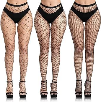 Buauty 3 pcs black fishnet stockings for women, fish nets women tights, fishnet tights ladies plus size one size fit all
