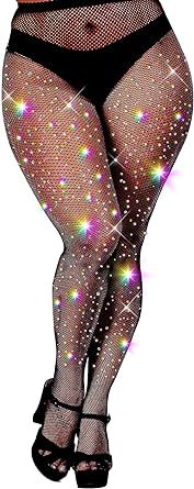 Buauty High Waist Rhinestone Fishnet Stockings Sparkle Glitter Fish Nets Tights Party Concert Outfit